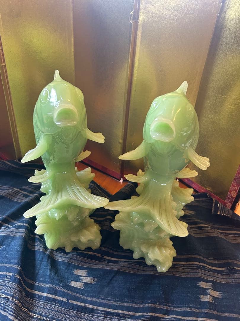 中国美術　古玩　翡翠鯉彫刻 2体セット 縁起物　店じまいSALE好評中