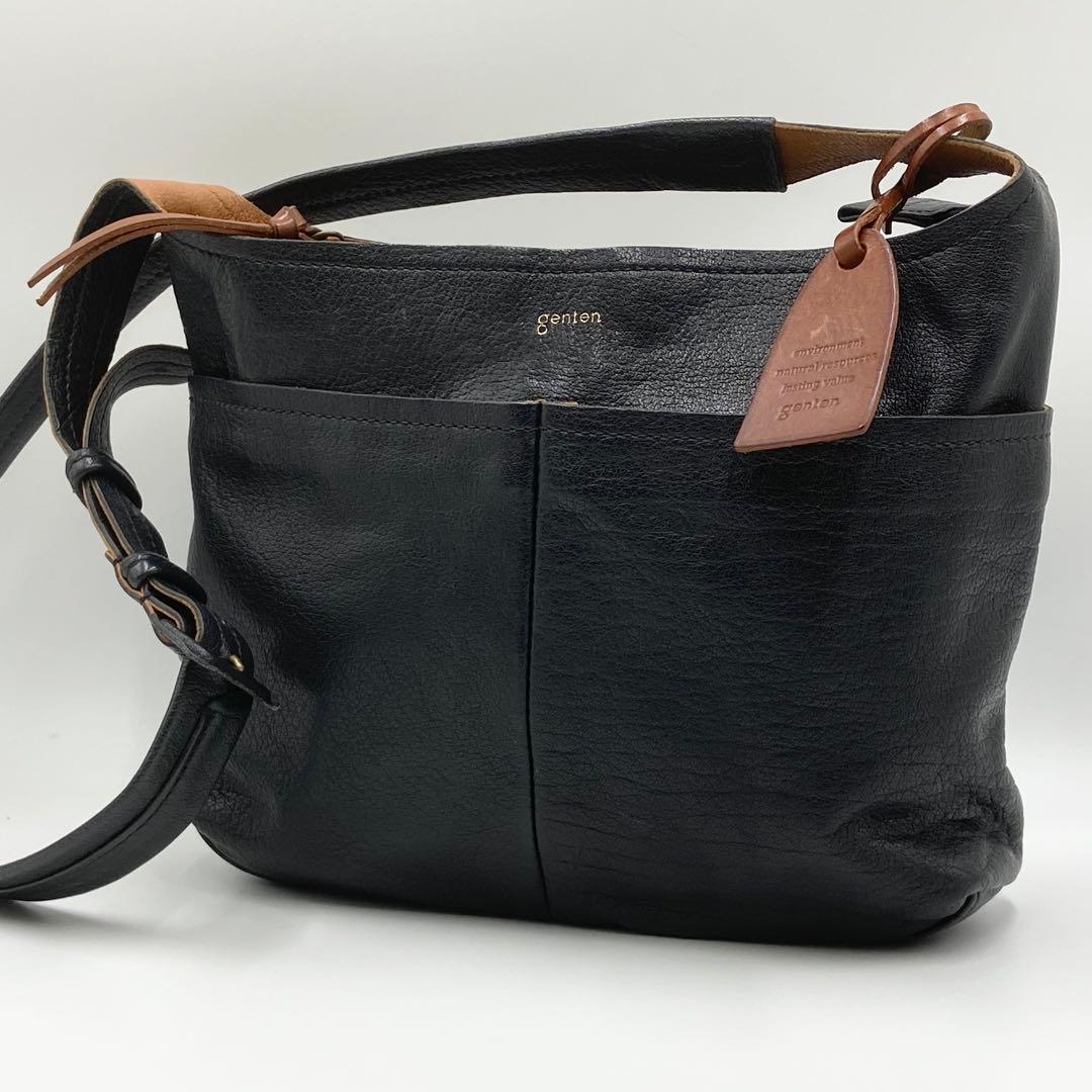 極美品　ゲンテン　タスカ　ショルダーバッグ　ロゴ刻印　レザー　ネイビー