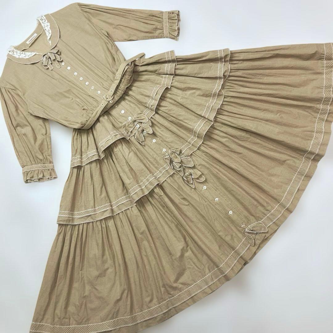 ワンダフルワールド ベージュギンガムチェック 段々ワンピース