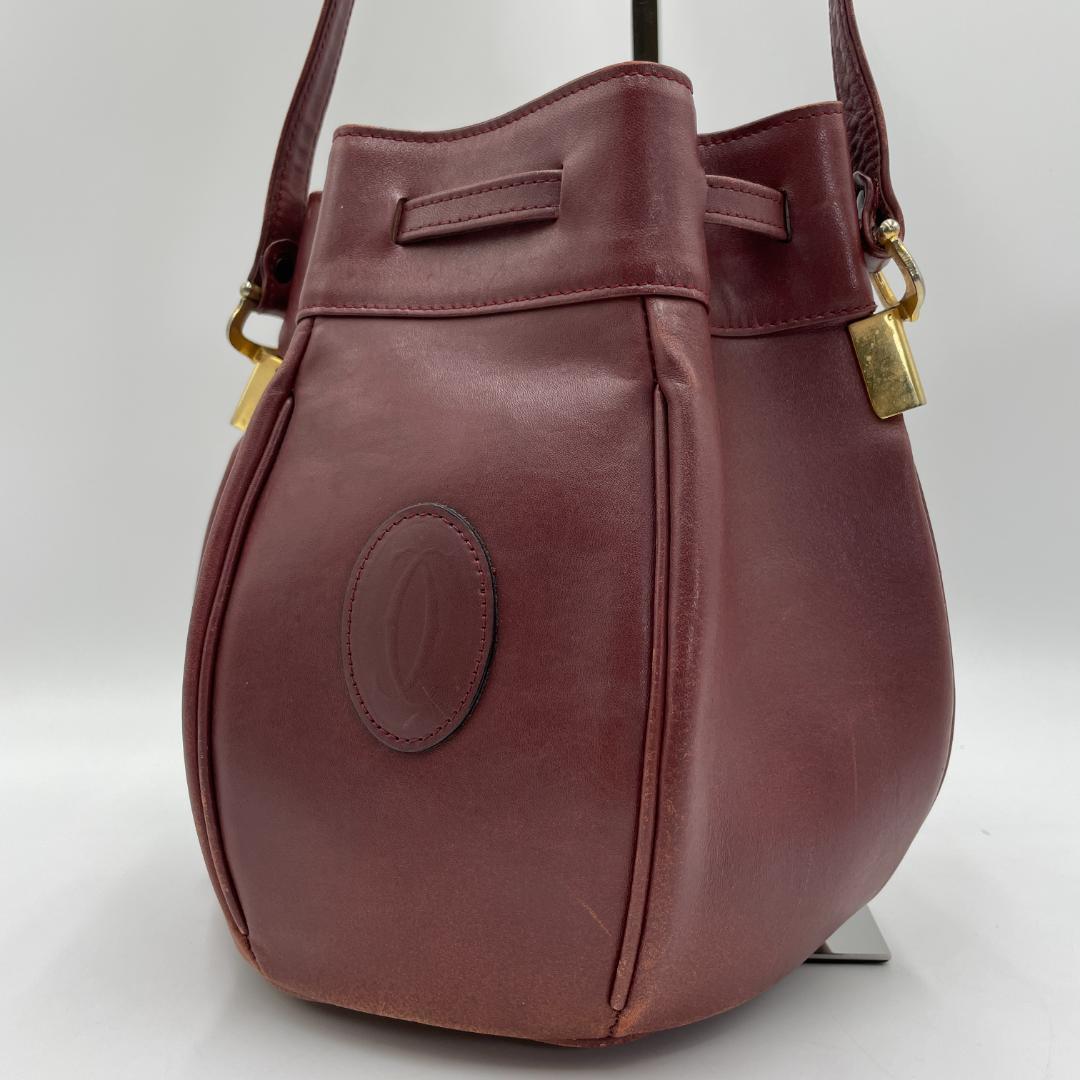 良品 Cartier ショルダーバッグ レザー ボルドー マストライン 巾着