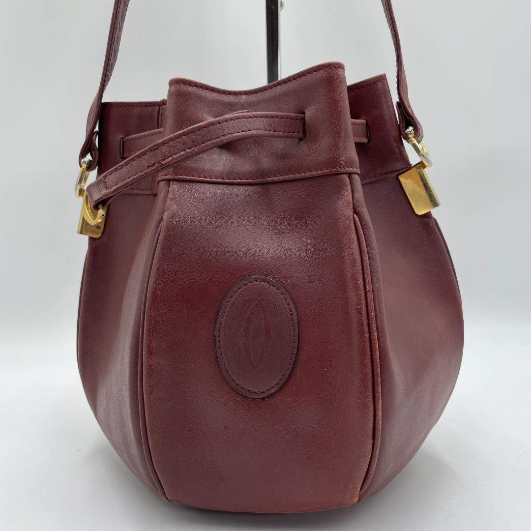 良品 Cartier ショルダーバッグ レザー ボルドー マストライン 巾着