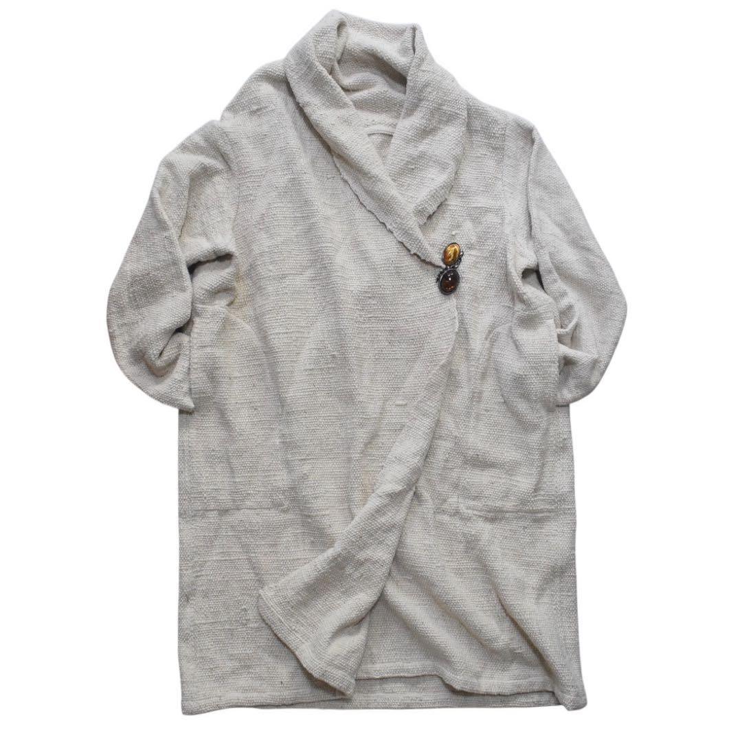 近年 GRANPIE 素敵なブローチ✨手織りコットン ロングコート L 生成り