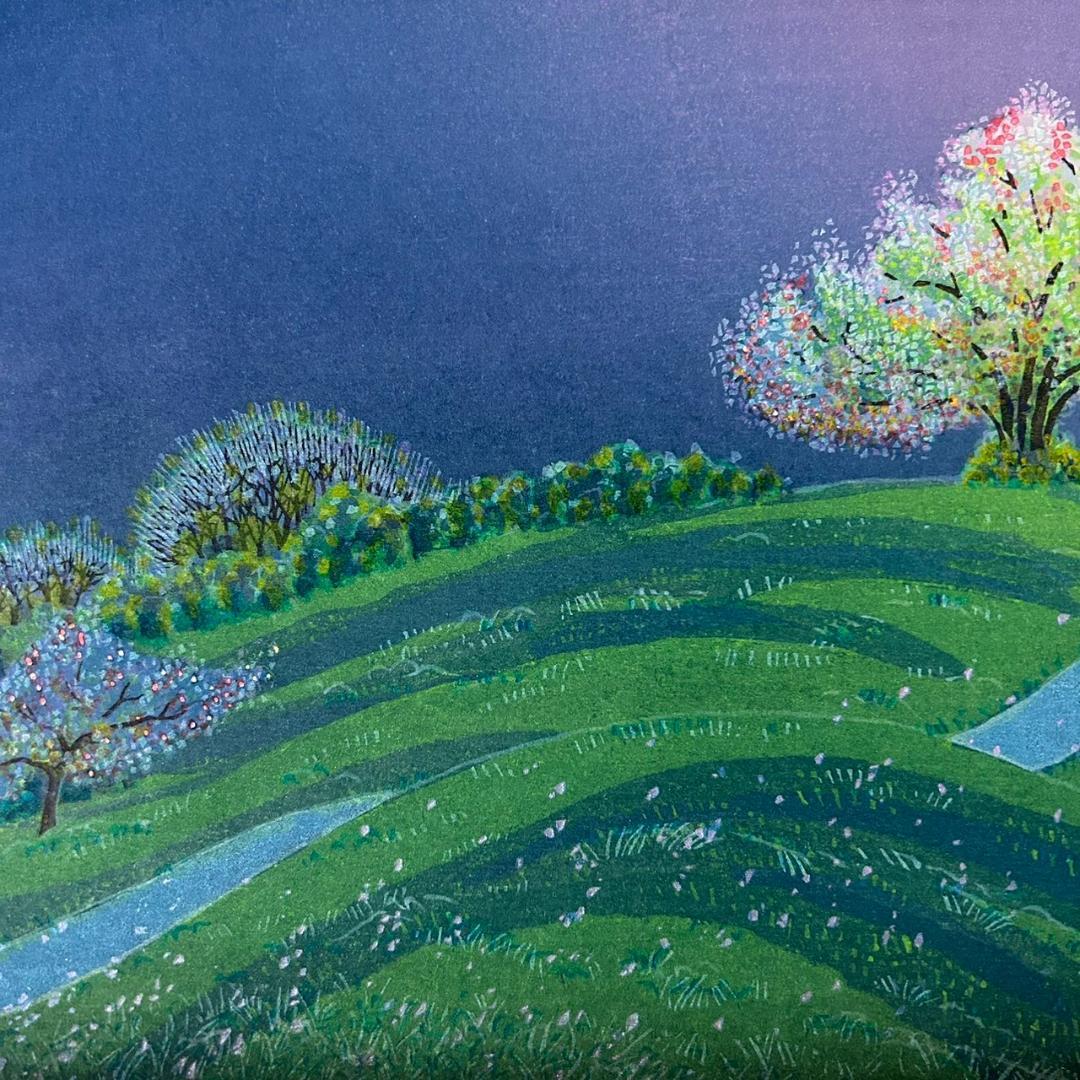 牧野宗則「月への小道」木版画 1994年制作 直筆サイン入り 額縁入り 限定品