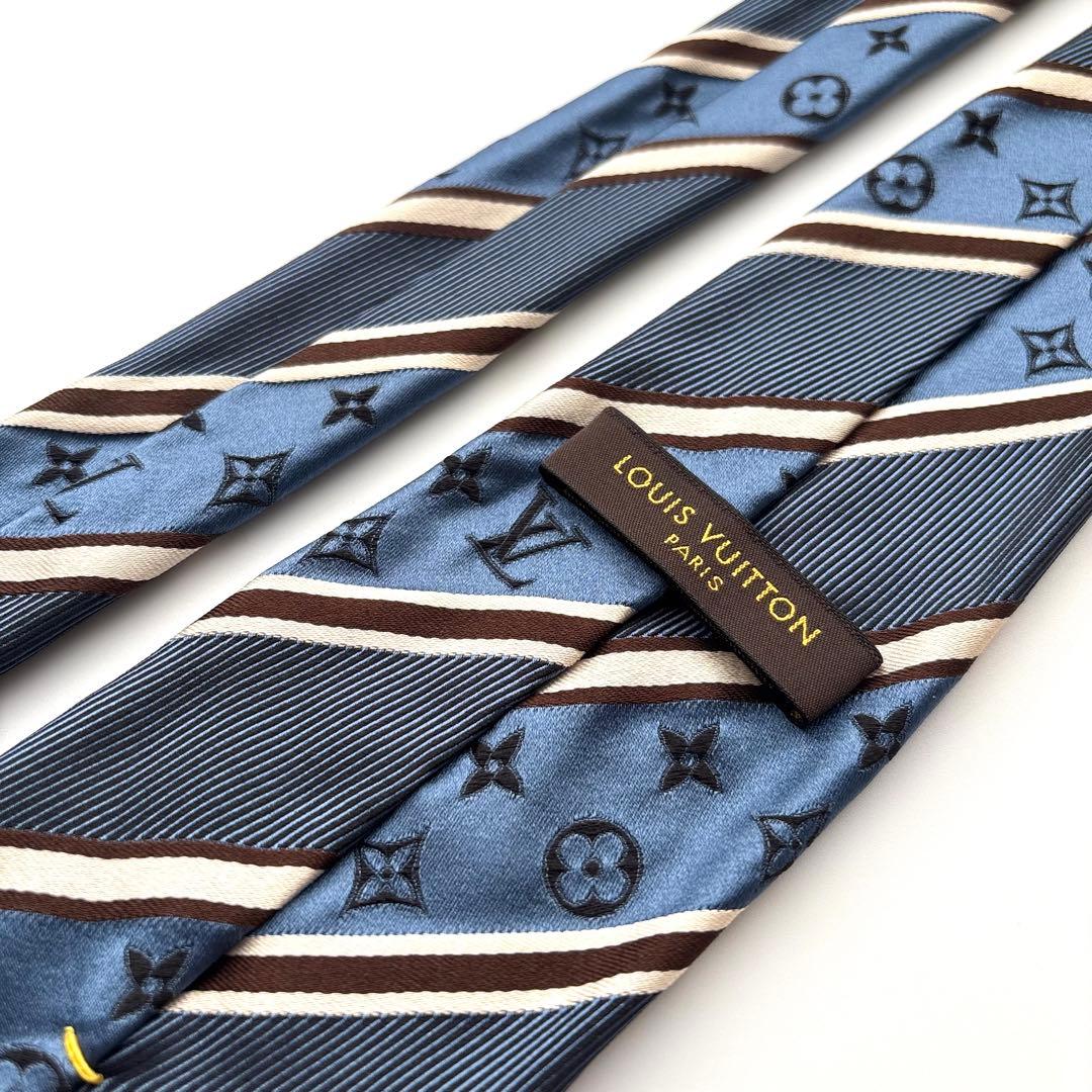 ꧁美品꧂ ルイヴィトン ネクタイ モノグラム LVロゴ ストライプ ブルー 光沢