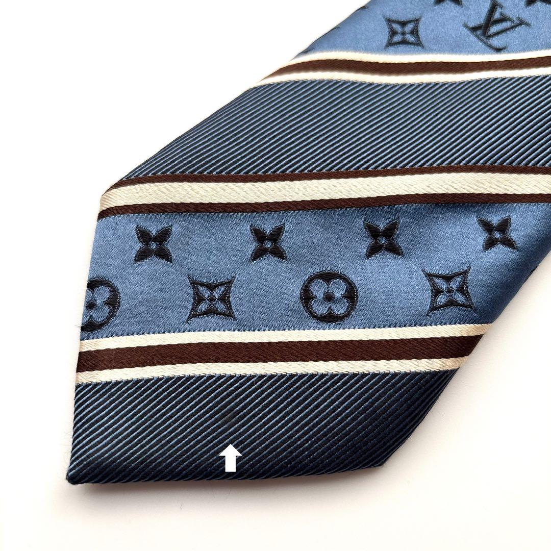 ꧁美品꧂ ルイヴィトン ネクタイ モノグラム LVロゴ ストライプ ブルー 光沢