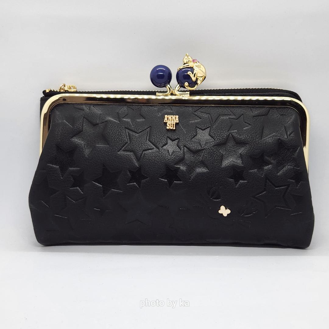 ブラック 新品 アナスイ ANNA SUI がま口 長財布 プレイングキャット