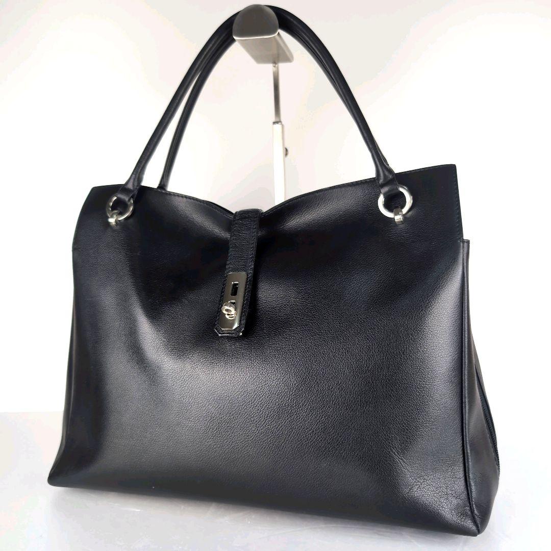 HAMANO ハマノ トートバッグ 黒×金具シルバー レザー A4収納可