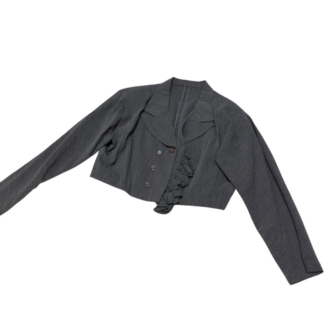 y's ワイズ　テーラードジャケット クロップド丈　ダブル　フリル　グレー