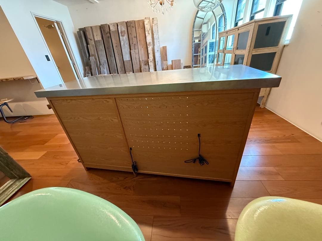 【展示品】※値下げ※オーダーメイド家具　木製キッチンカウンター ステンレス天板