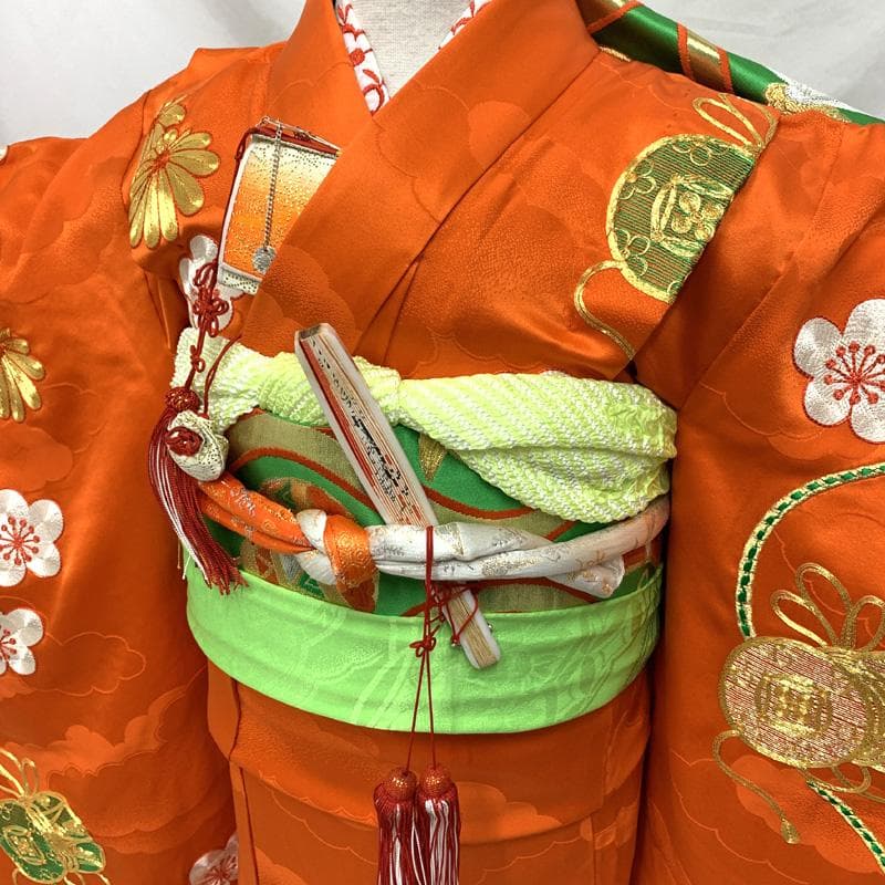 504ag63□七五三 七歳 女児 着物&袋帯&長襦袢 金駒刺繍 鼓 菊□