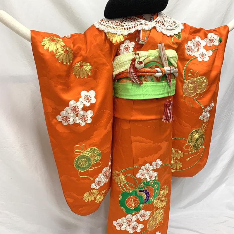 504ag63□七五三 七歳 女児 着物&袋帯&長襦袢 金駒刺繍 鼓 菊□