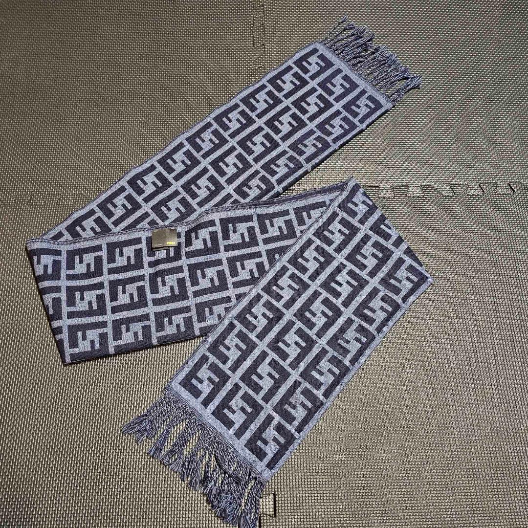 FENDI ストール ズッカ柄 マフラー ウール100％ ネイビー 青系