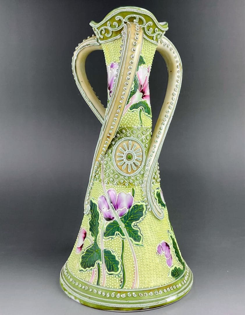 【希少】オールドニッポン 約２５．３cm 花紋 一陳盛上げ アールヌーボー 花瓶