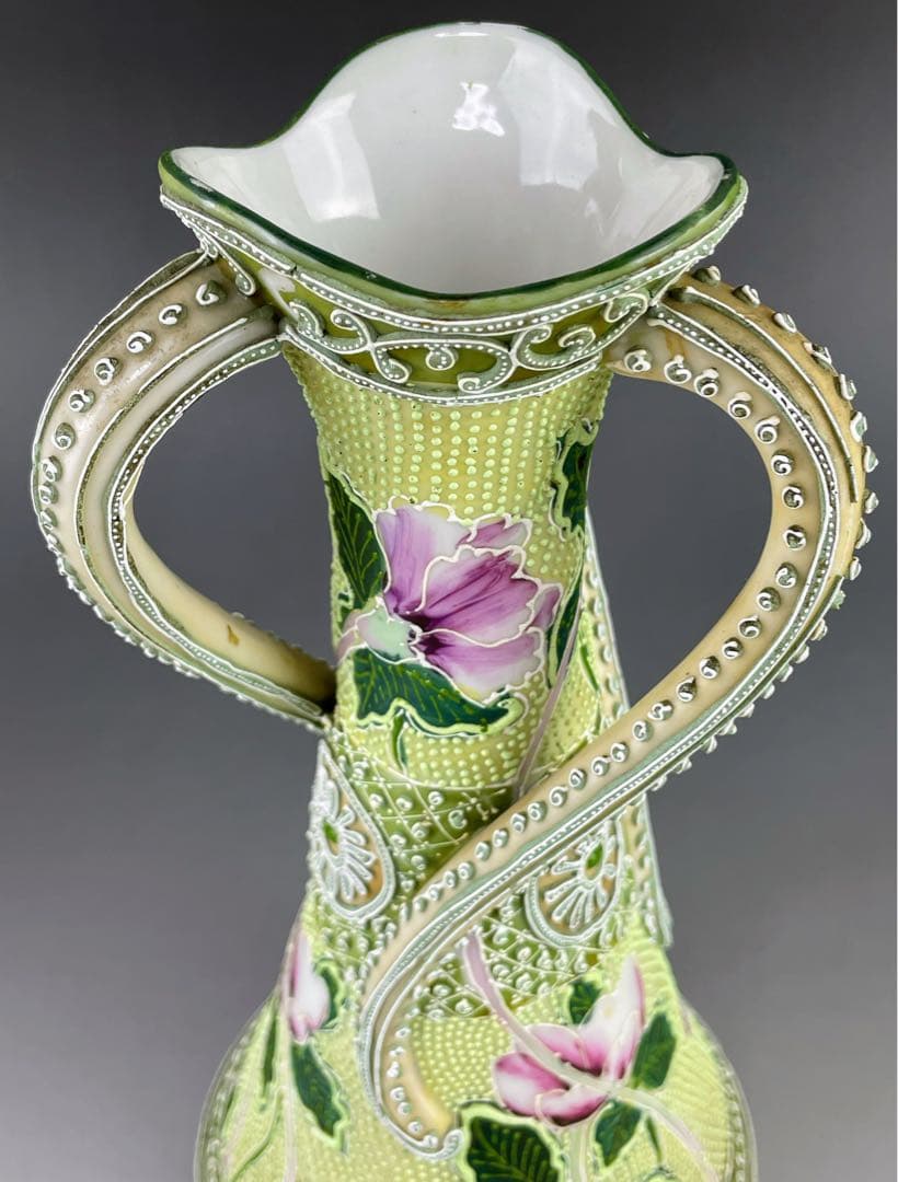 【希少】オールドニッポン 約２５．３cm 花紋 一陳盛上げ アールヌーボー 花瓶