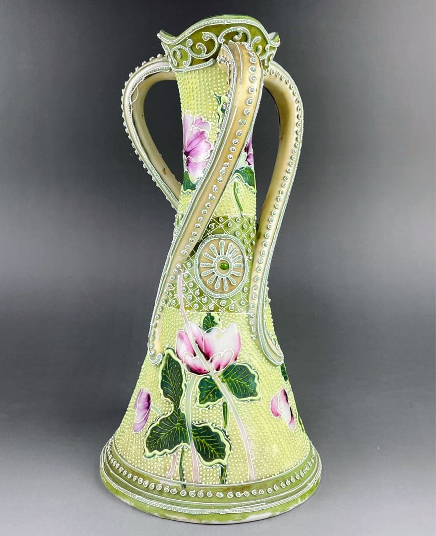 【希少】オールドニッポン 約２５．３cm 花紋 一陳盛上げ アールヌーボー 花瓶