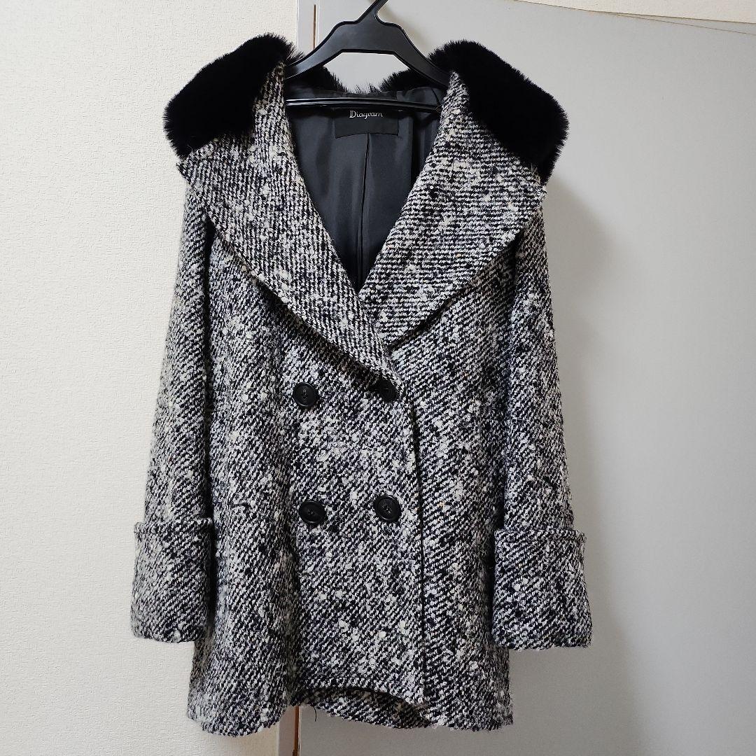 Diagram ファーフード付きダブルブレストツイードコート