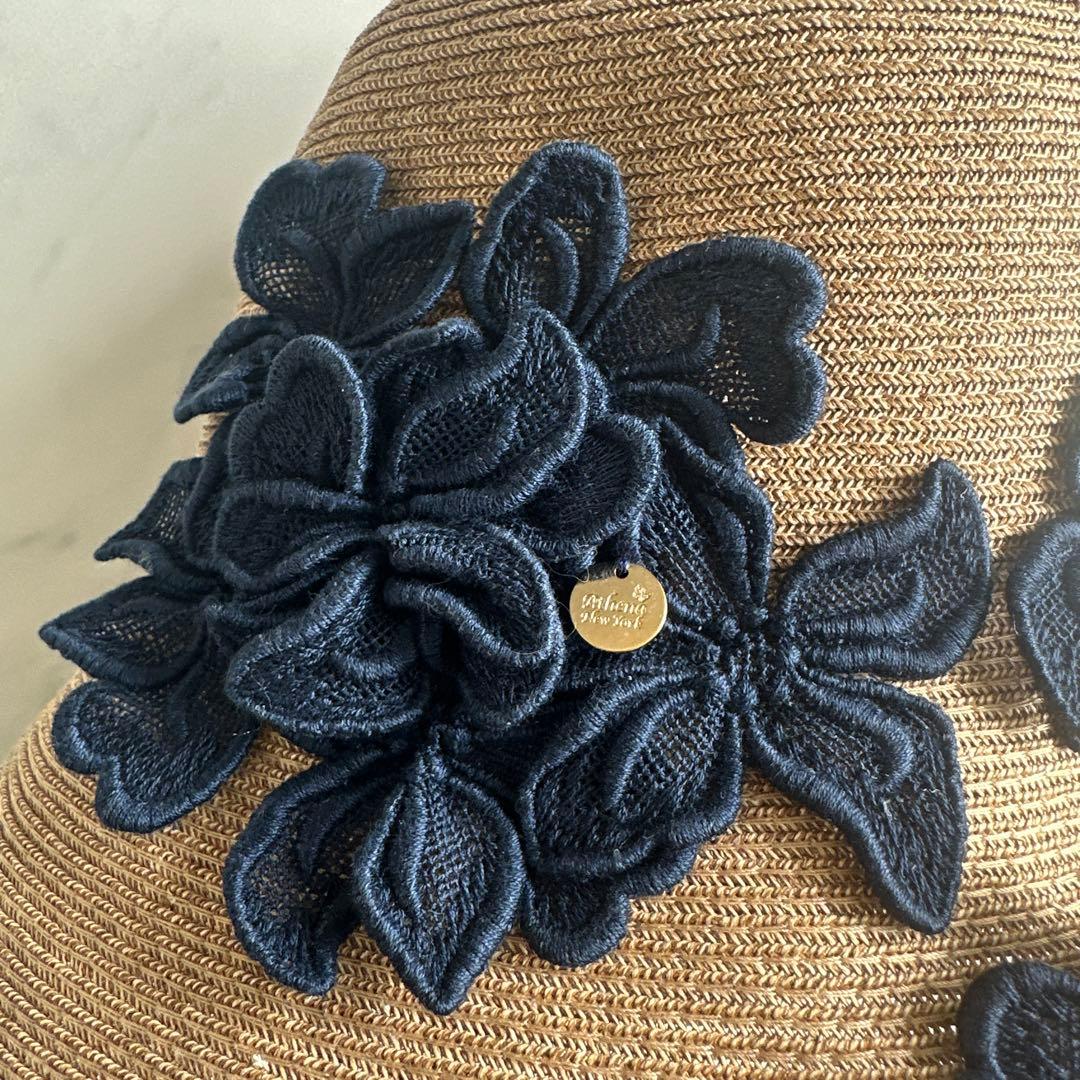 美品　アシーナニューヨーク　ハット　麦わら帽子　フラワーレース　紺