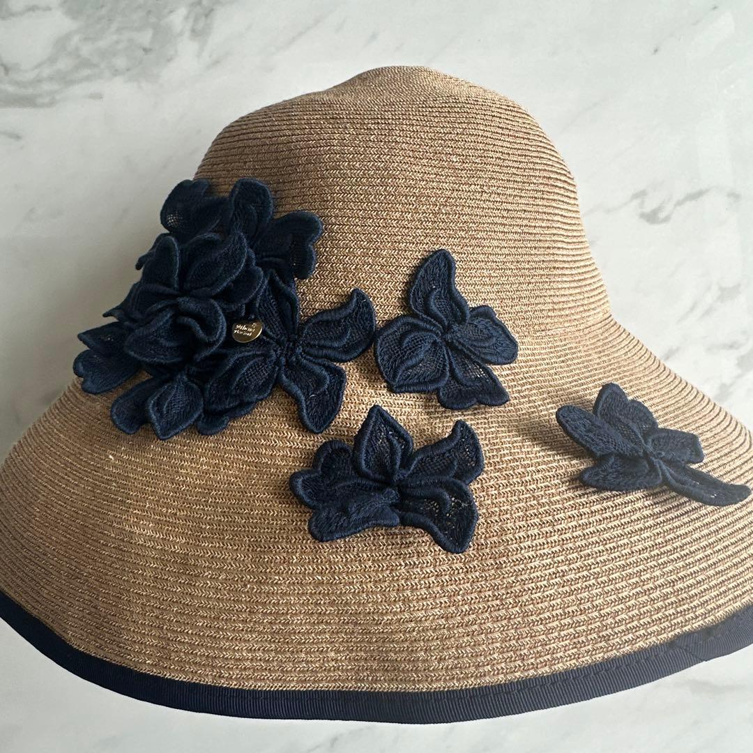 美品　アシーナニューヨーク　ハット　麦わら帽子　フラワーレース　紺