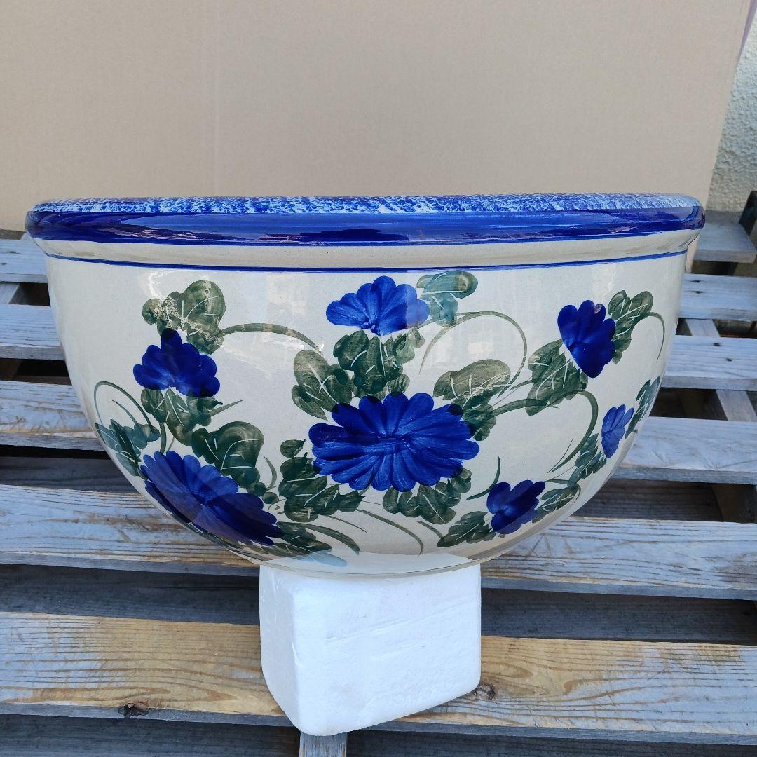 新品　∅50　陶器　睡蓮鉢　特大　メダカ鉢　難有　手書き絵　花柄　手造りLKB2