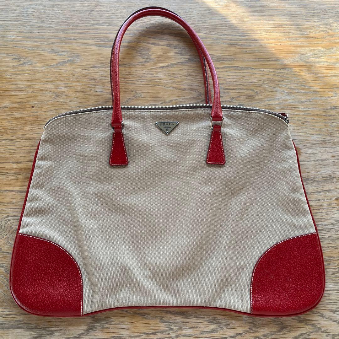 プラダ ベージュと赤 トートバッグ