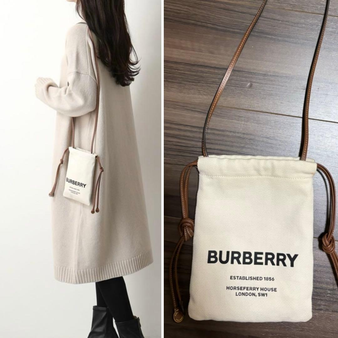 BURBERRY 美品 ミニ 巾着 ショルダーバッグ キャンバス レザー ロゴ