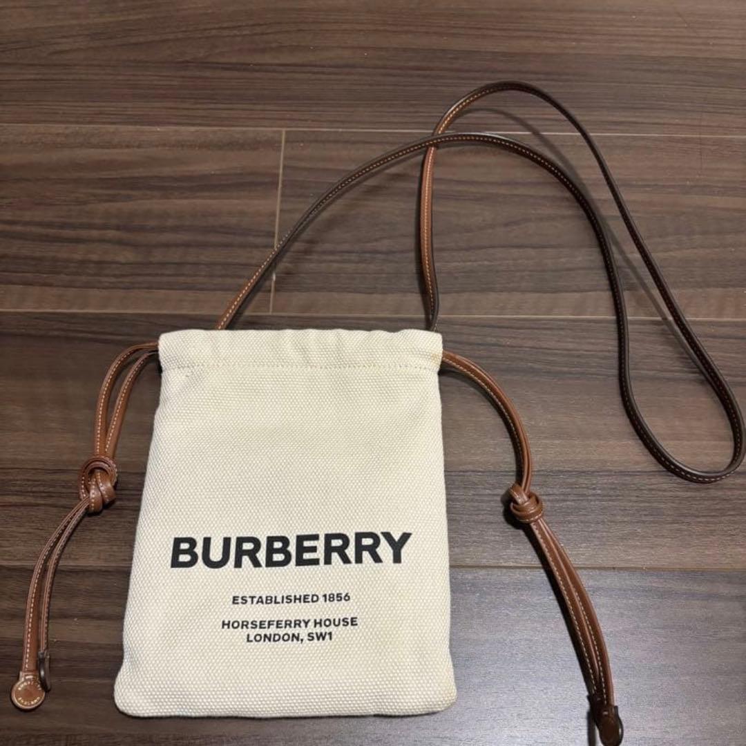 BURBERRY 美品 ミニ 巾着 ショルダーバッグ キャンバス レザー ロゴ