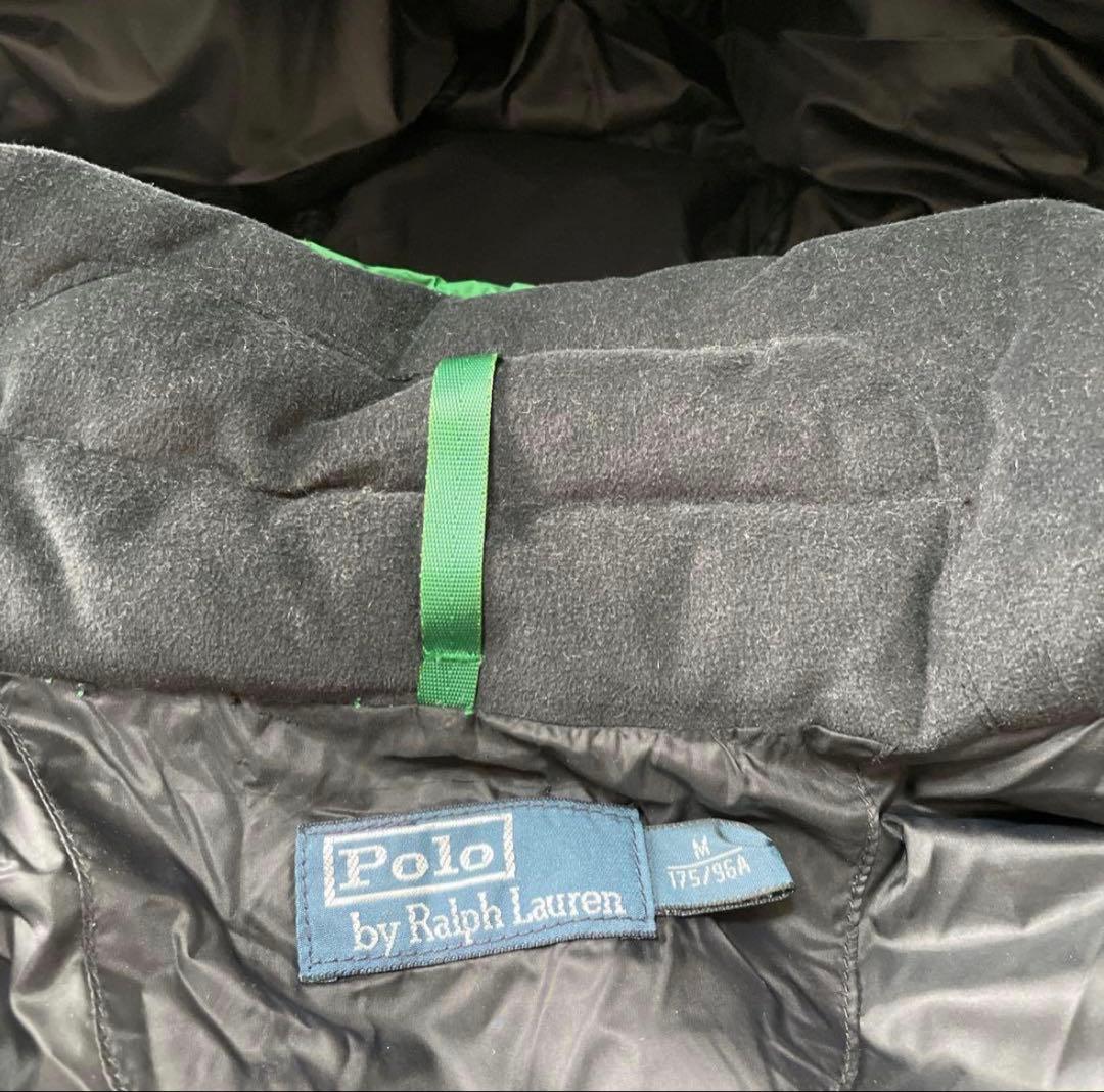 グリーン フード付きダウンベスト ポロ刺繍