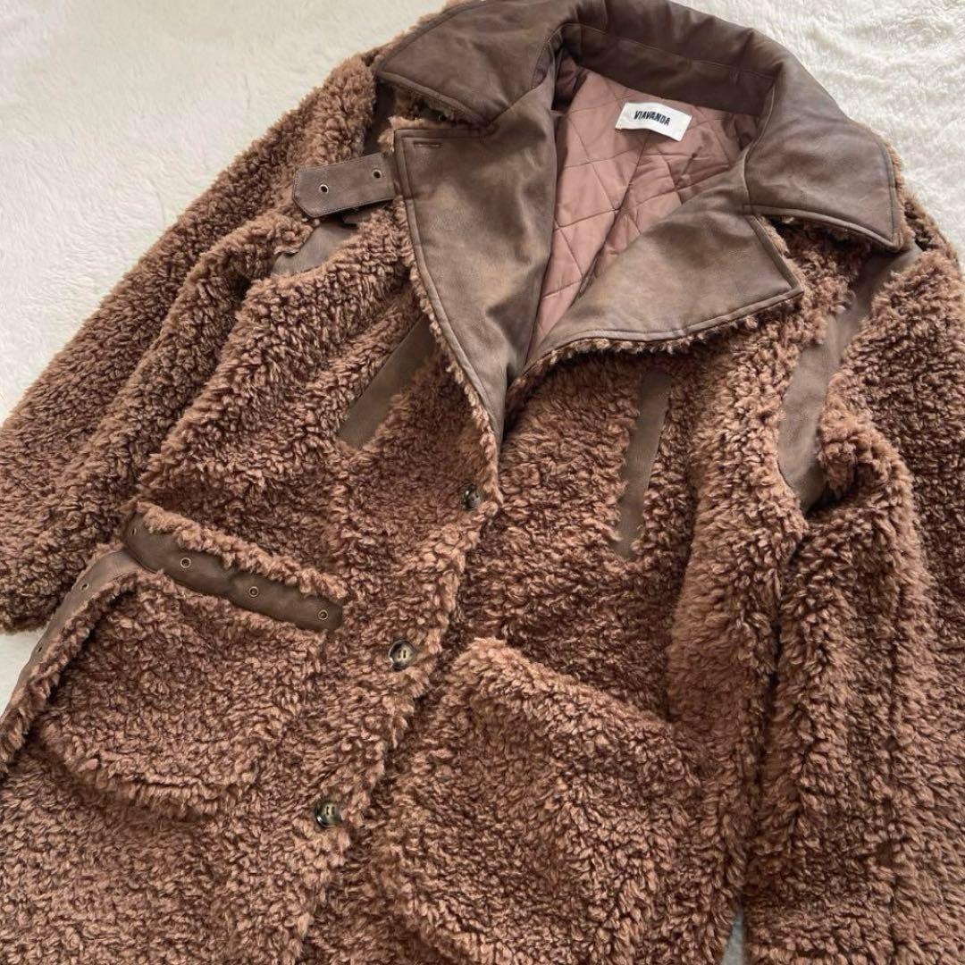 ブラウン フリース ロングコート ウエストベルト付き