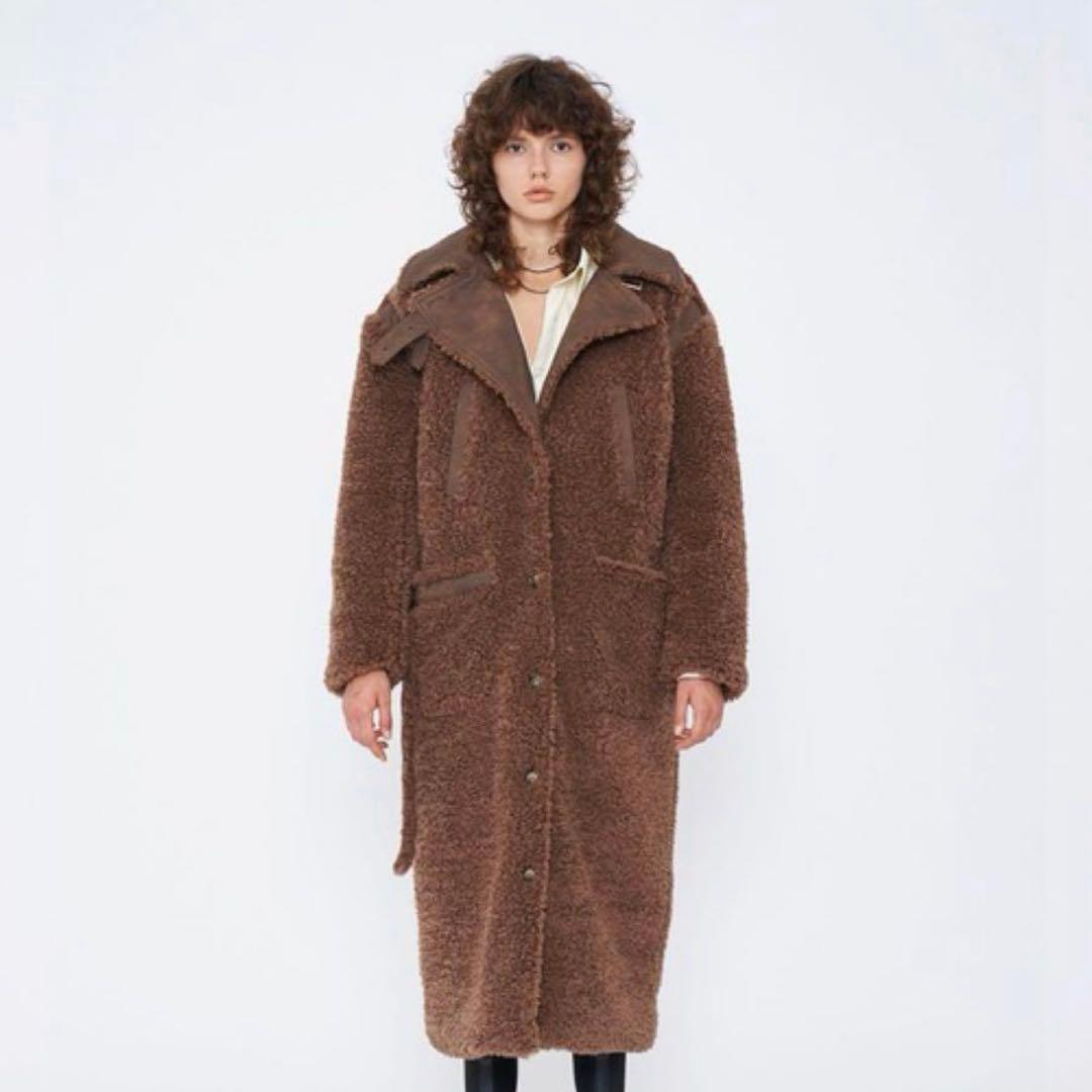 ブラウン フリース ロングコート ウエストベルト付き