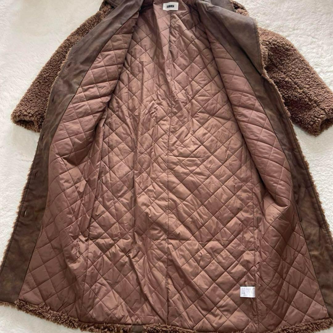 ブラウン フリース ロングコート ウエストベルト付き