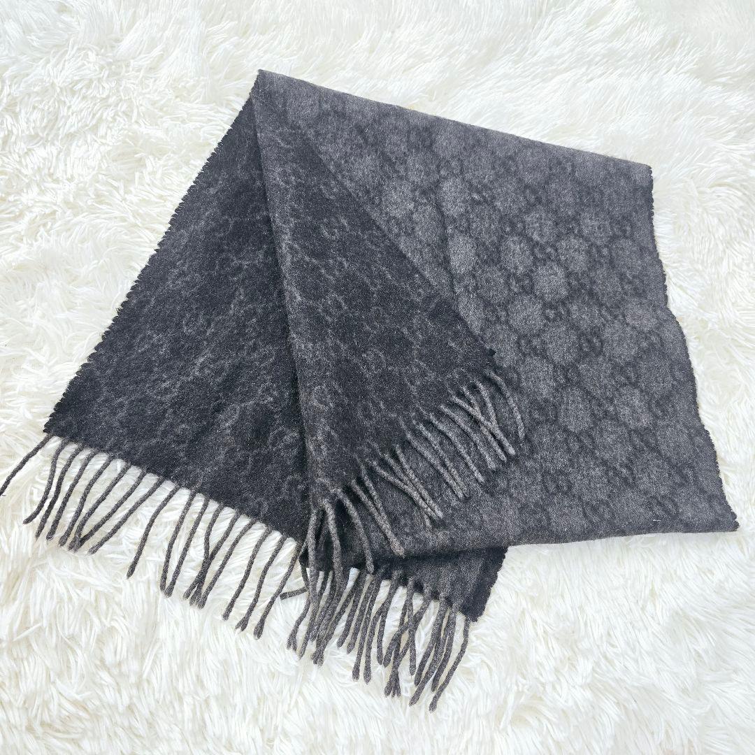 美品✨ グッチ カシミヤ100％ GG 総柄　マフラー グレー