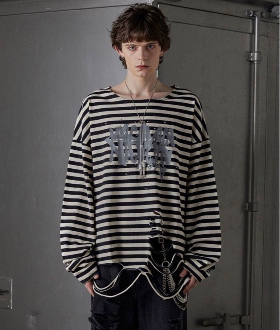 【GRANCY】総柄ラインストーングラフィックロンT ボーダー