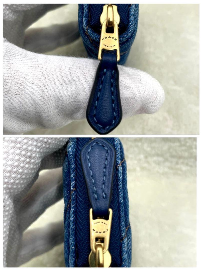 美品 コーチ ケース 財布 デニム ラウンドファスナー キルティング