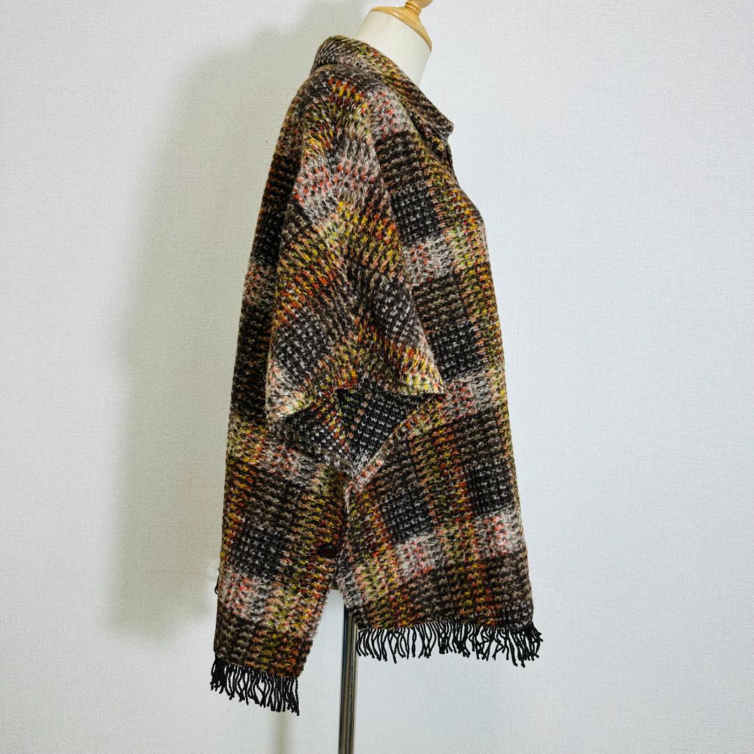 【新品タグ付】ブルーキャットニップ ポンチョ チェック柄 フリンジ ウール　M茶