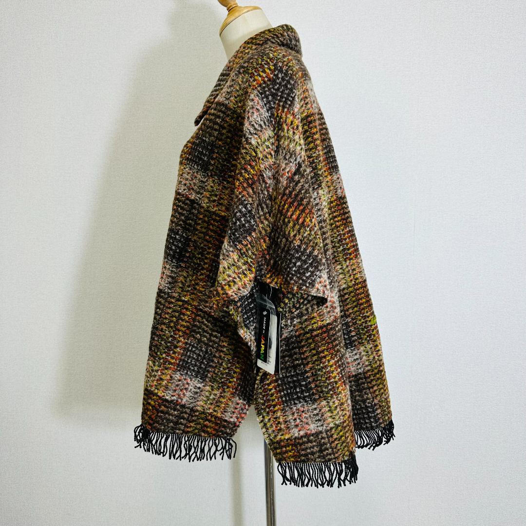 【新品タグ付】ブルーキャットニップ ポンチョ チェック柄 フリンジ ウール　M茶