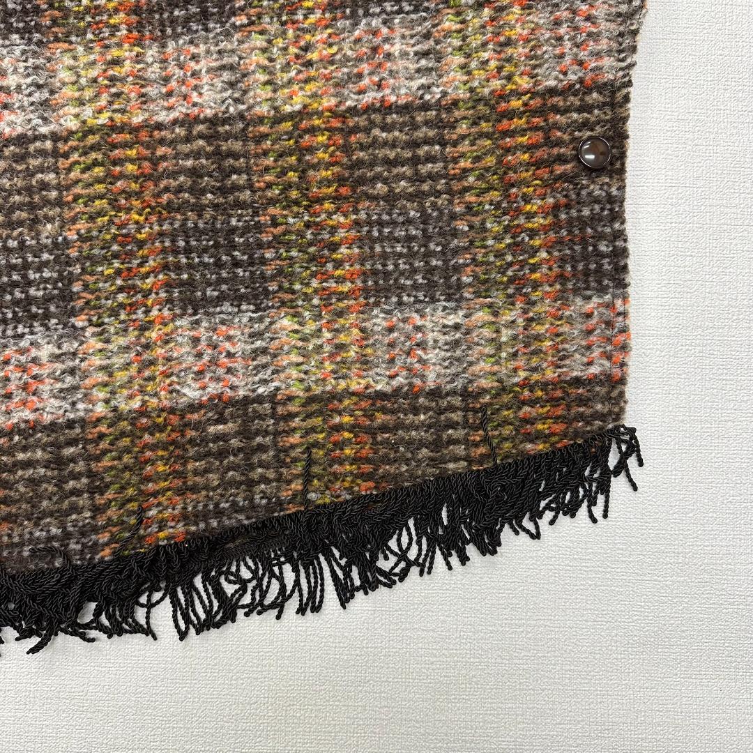 【新品タグ付】ブルーキャットニップ ポンチョ チェック柄 フリンジ ウール　M茶