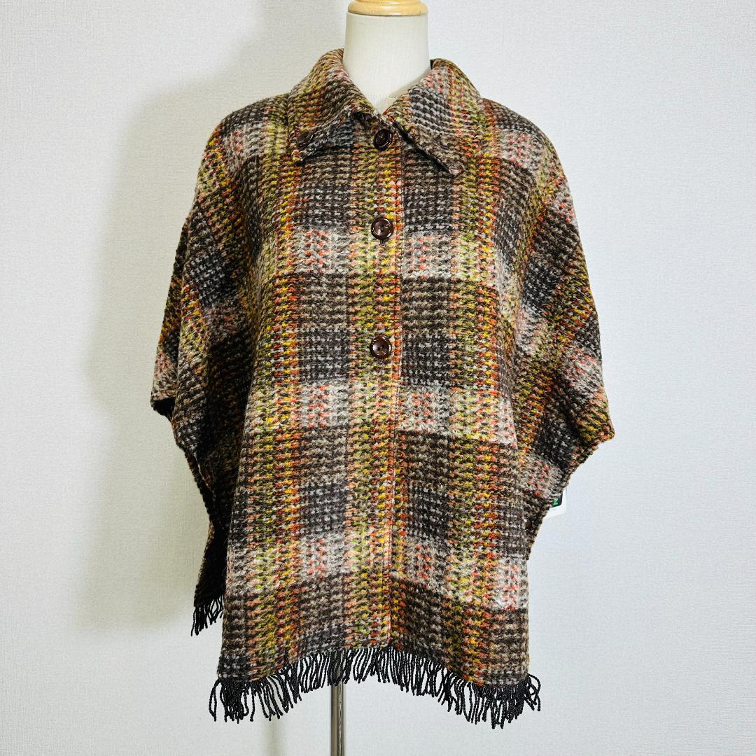 【新品タグ付】ブルーキャットニップ ポンチョ チェック柄 フリンジ ウール　M茶