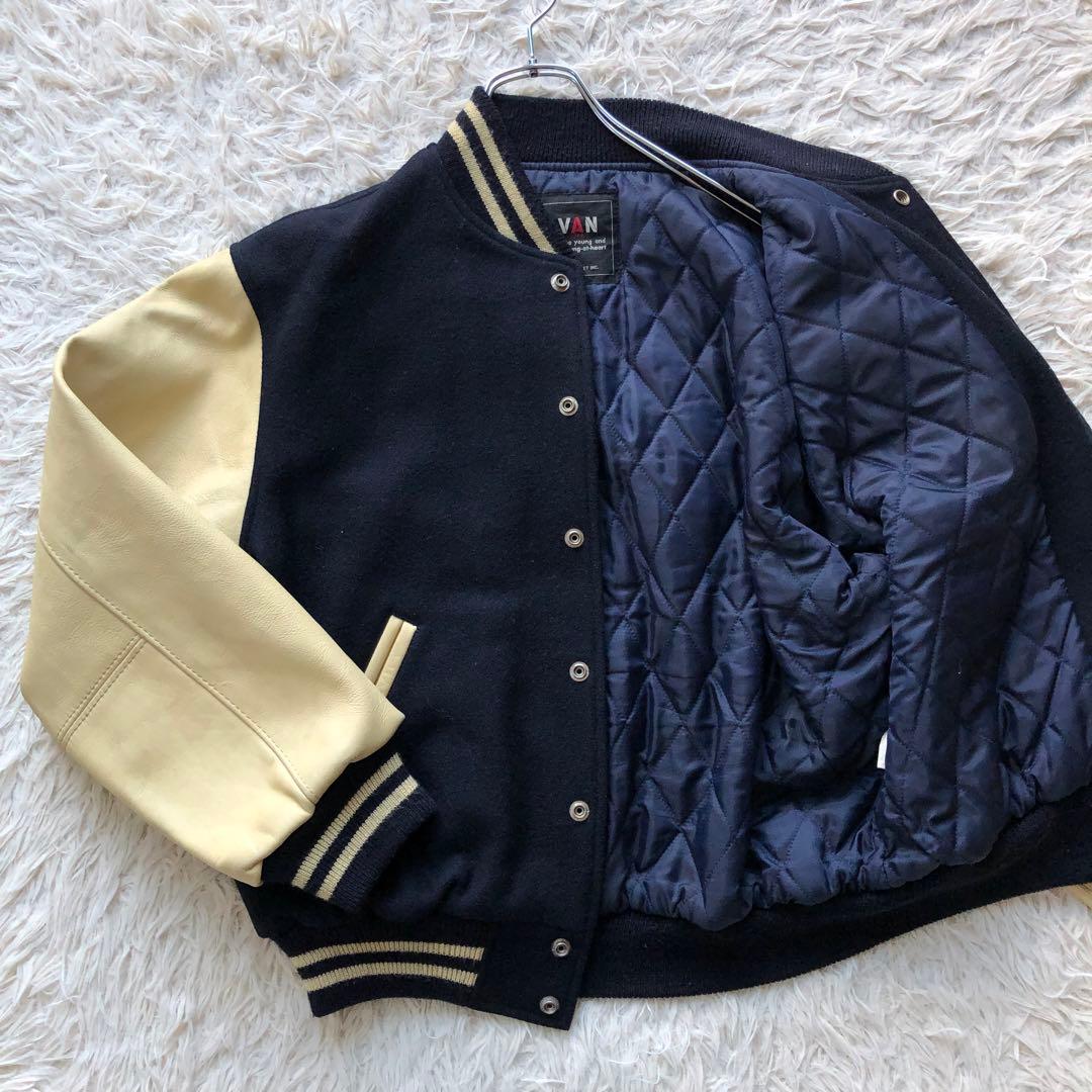【美品】ヴァンヂャケット　スタジャン　紺　袖レザー　アーチロゴ　キルティング