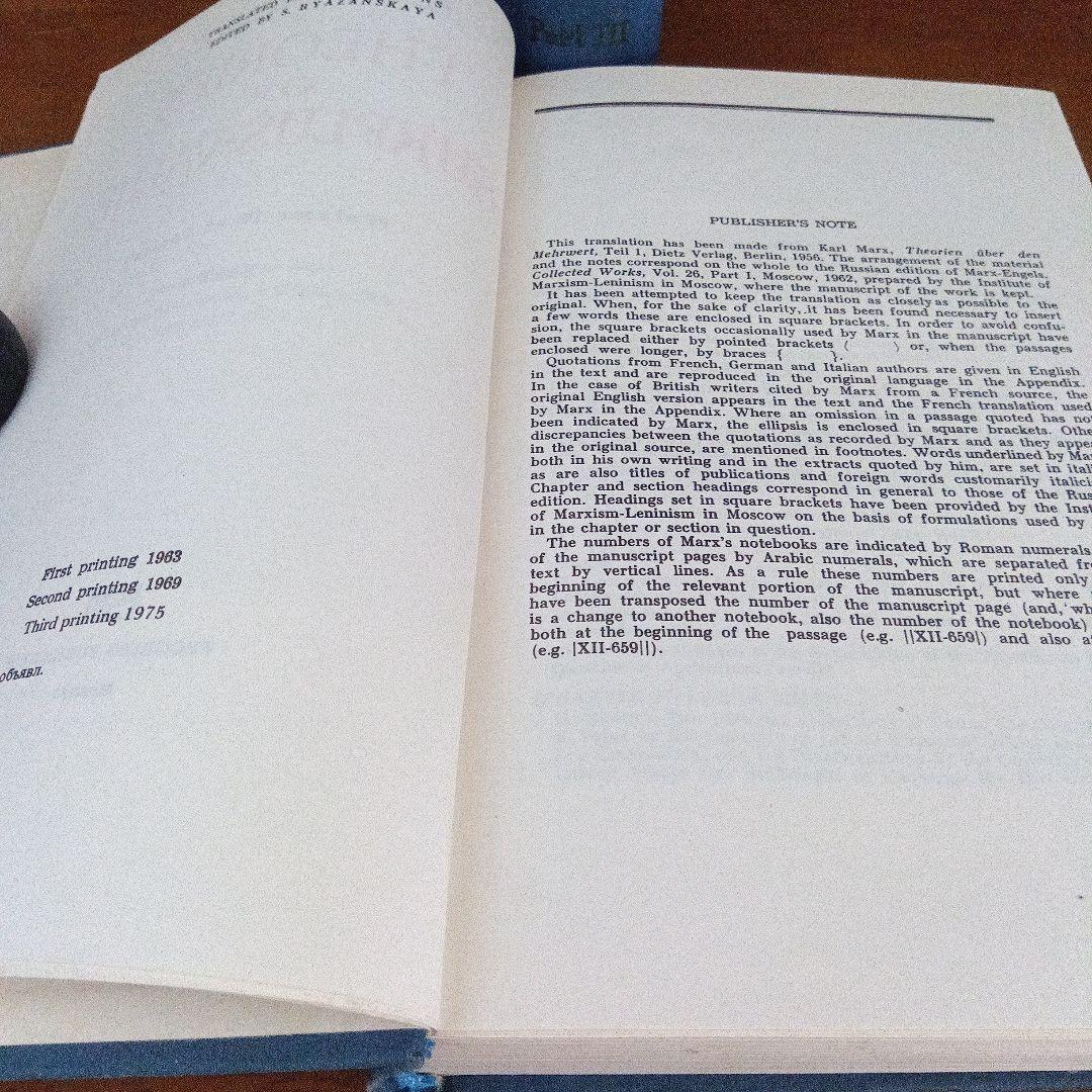 マルクス草稿〔資本論第４巻〕英語版『剰余価値理論史』〔３分冊揃〕ロンドン復刻版