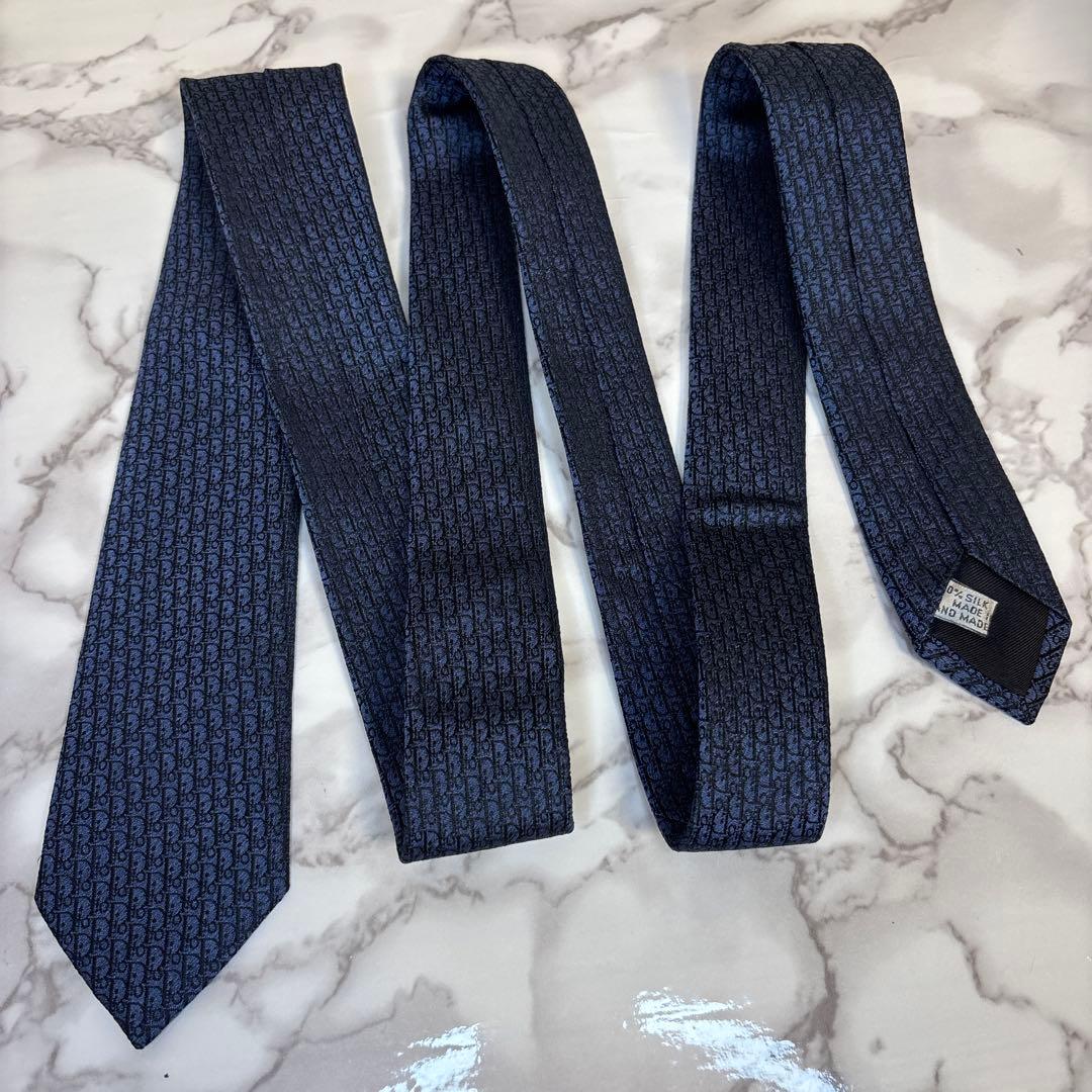【極美品✨】DIOR ネクタイ　オブリーク柄　ネイビー　紺色　刺繍　細身