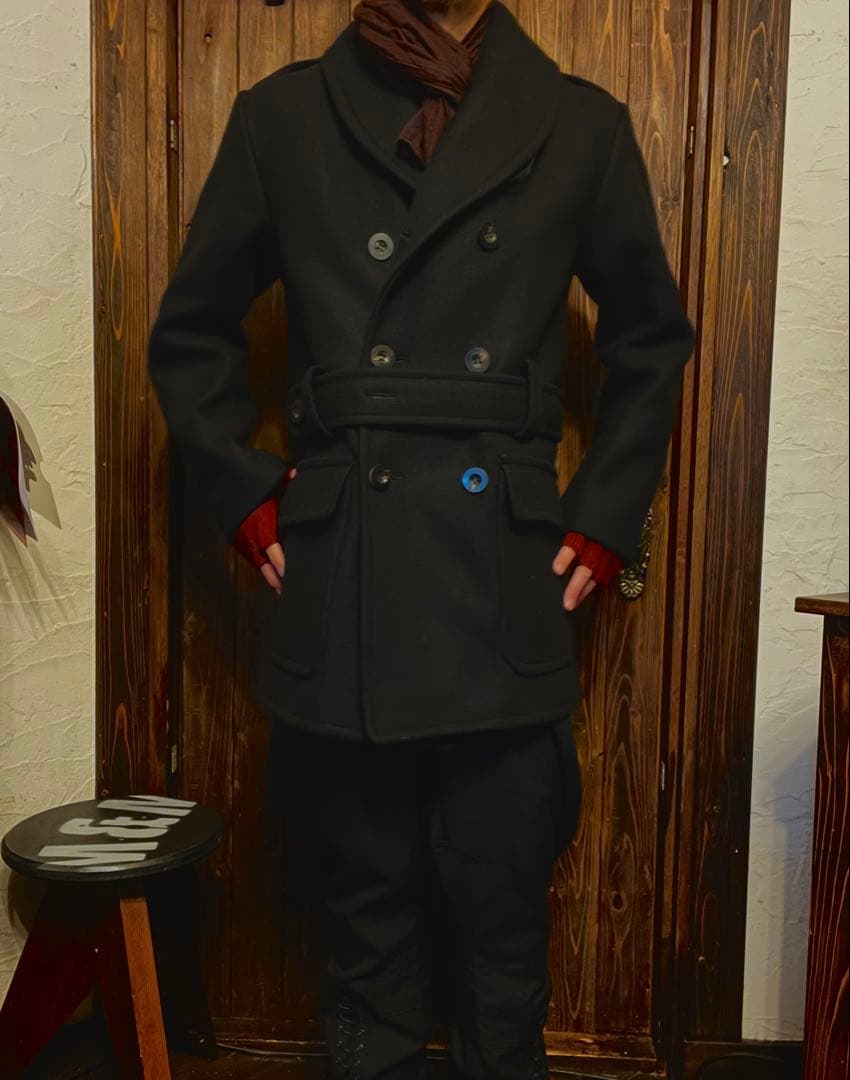 BLACK SIGN ダブルブレストショールカラーウールコート　ブラックサイン