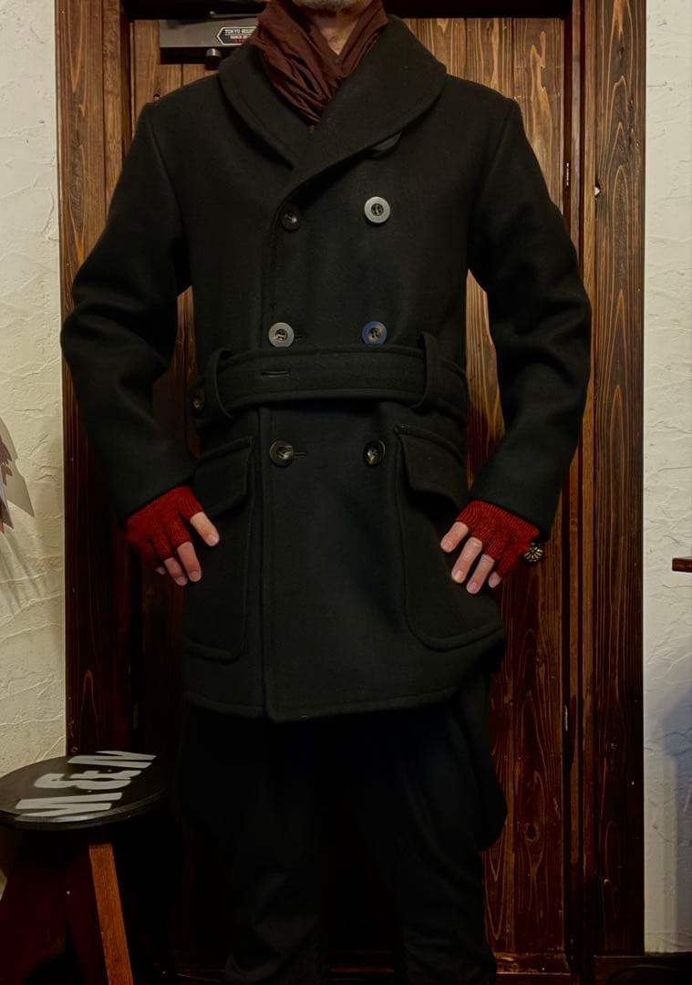 BLACK SIGN ダブルブレストショールカラーウールコート　ブラックサイン