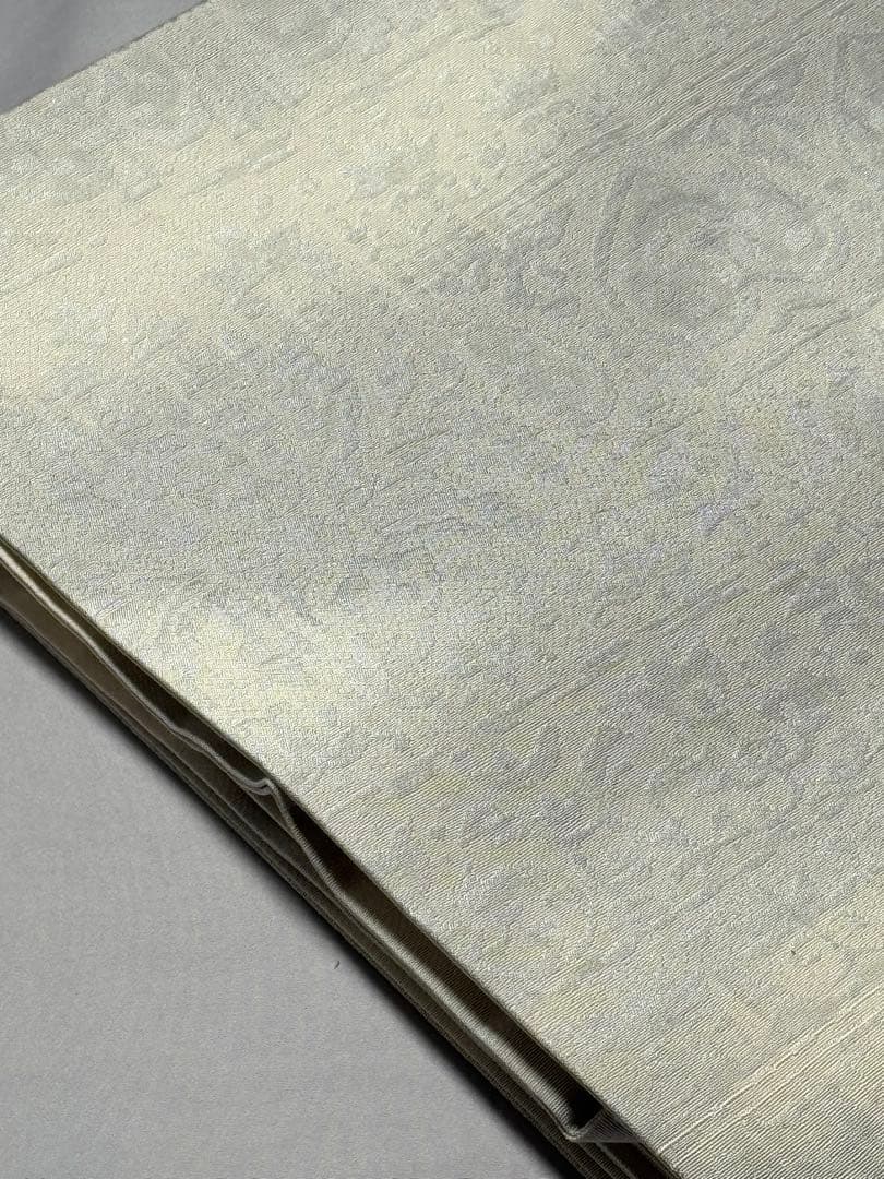 [美品] 名古屋帯　正絹　白　霞　更紗　唐草　洒落帯　カジュアル　小紋　紬