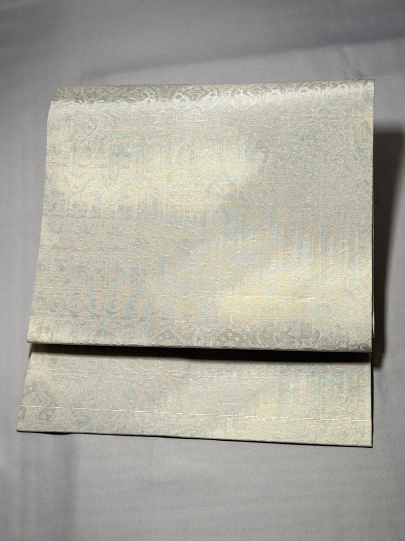 [美品] 名古屋帯　正絹　白　霞　更紗　唐草　洒落帯　カジュアル　小紋　紬