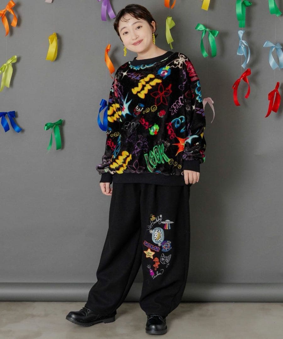 新品タグ付 スカラー　153765：POP刺繍起毛あったかパンツ