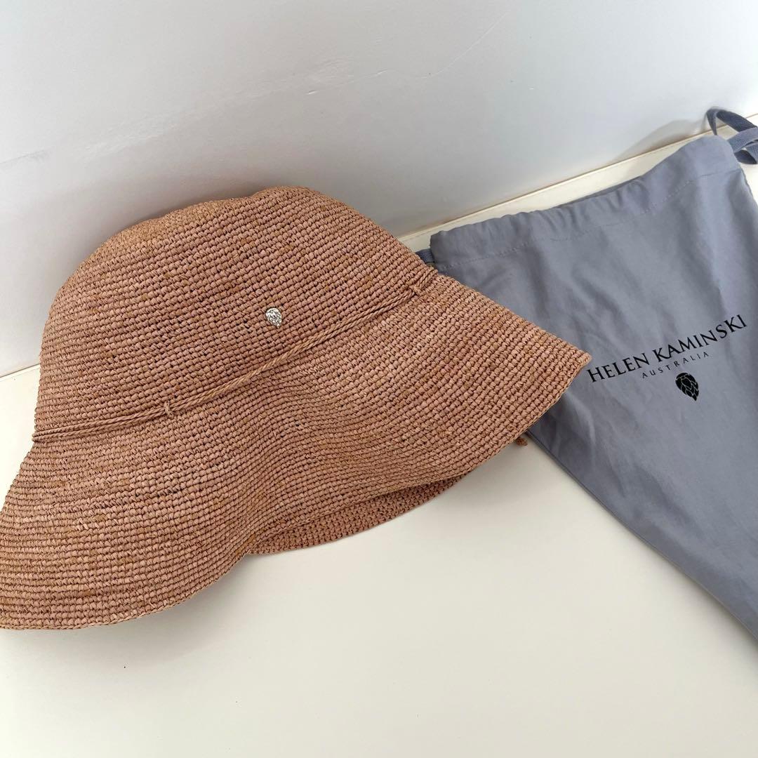 【ここ】HELEN KAMINSKI ベージュ 麦わら帽子 収納袋付き