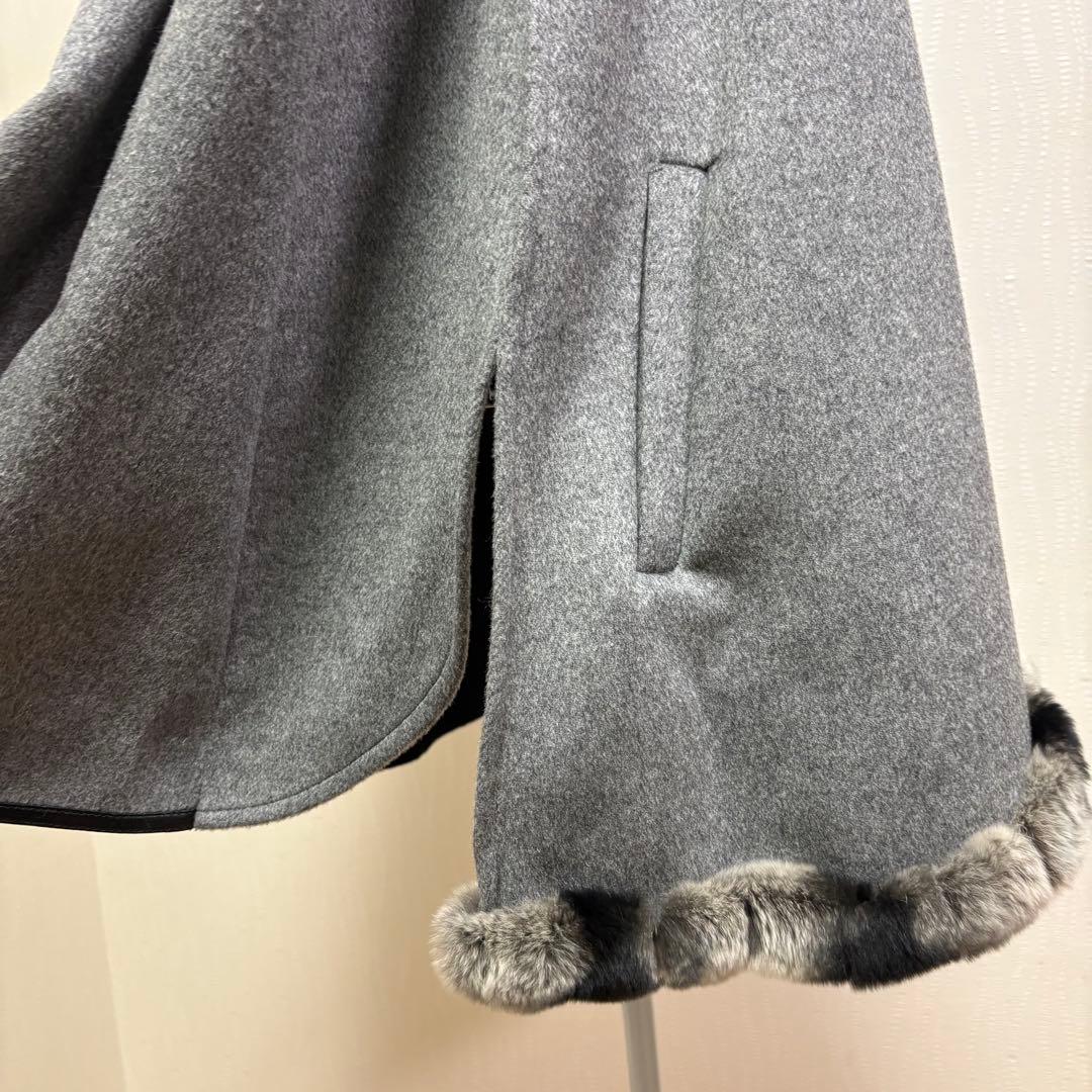 美品　カシミア　高級ウール ケープコート レッキスファー付き　グレー