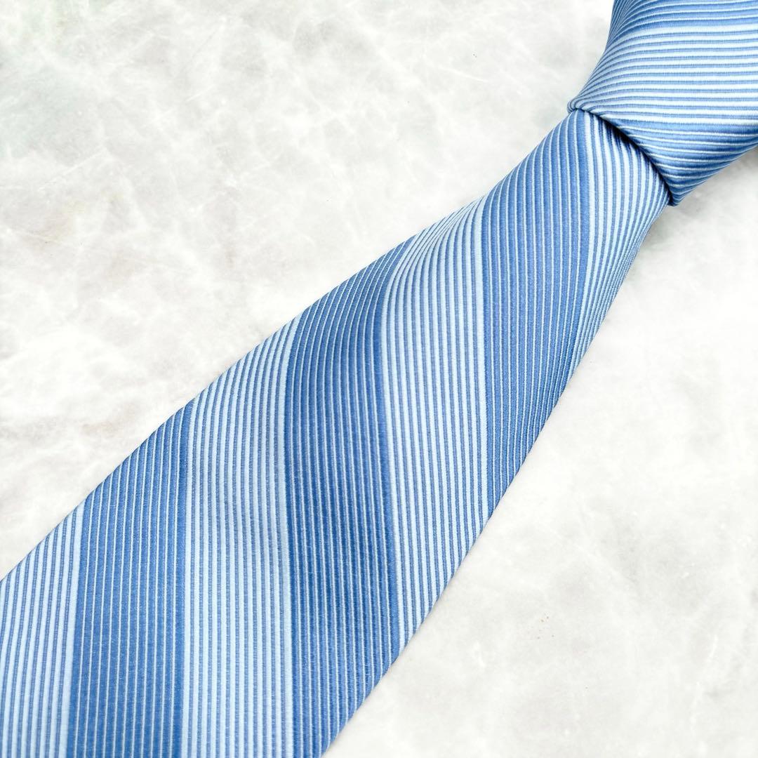 【未使用タグ付】フェラガモ ネクタイ リブジャカード織 ストライプ ブルー