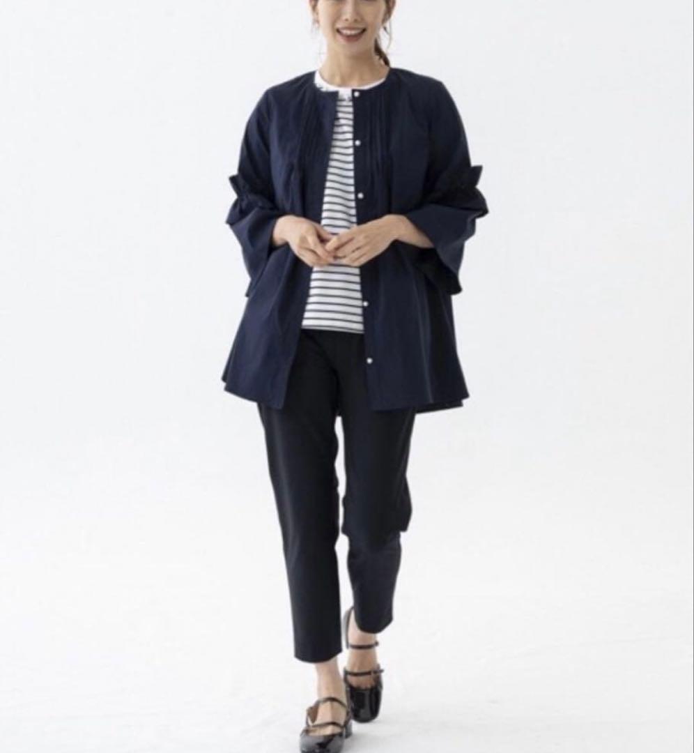 daiソーノ　フローイングフリルチュニックブラウス　ネイビー　パール