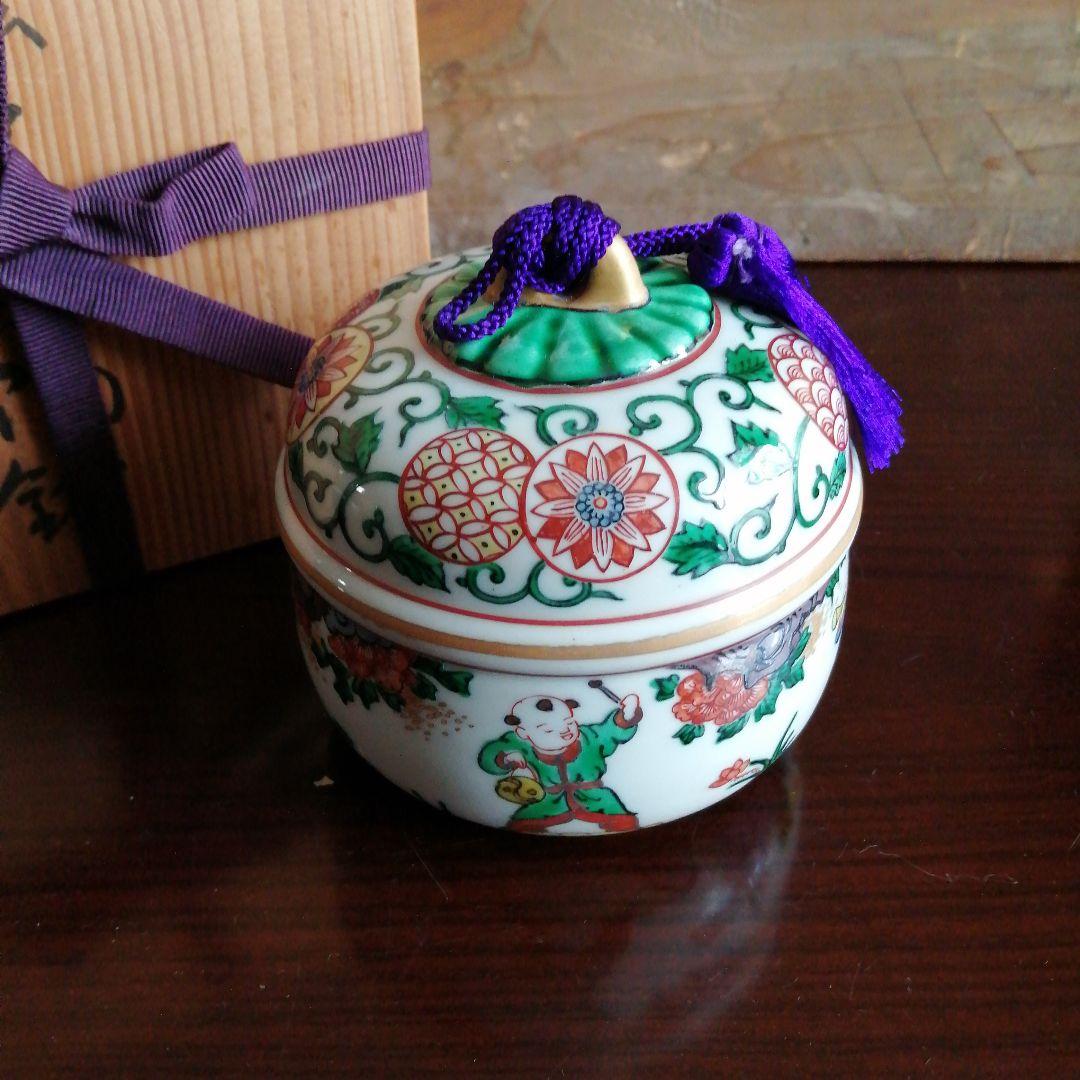 渋草焼　芳国舎　赤絵唐子紋陶鈴　11cm